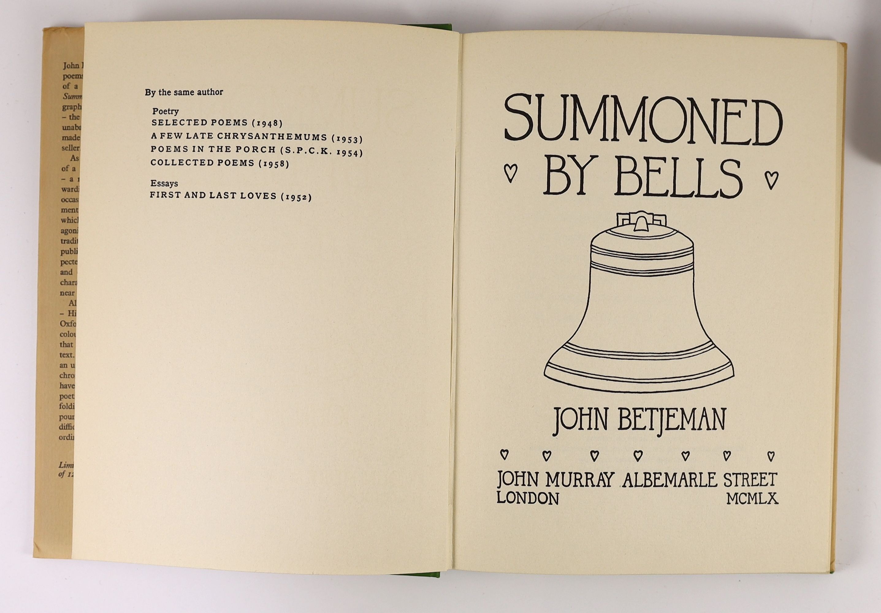 Betjeman, John - 3 works:- Continual Dew, 1st edition, original cloth in unclipped d/j, with price sticker,(8/6 net), John Murray, London, 1937; First and Last Loves, in price clipped d/j, John Murray, London 1952 and Su